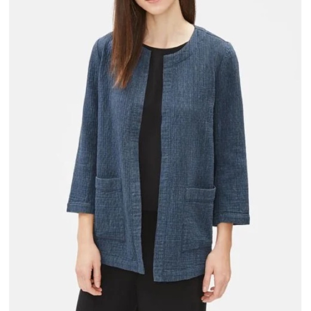 Eileen Fisher Cotton Linen Collarless Open Lightweight Jacket Lagenlook Blue M